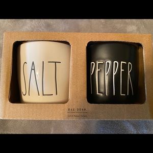 Rae Dunn Salt and Pepper Holders with wood top
